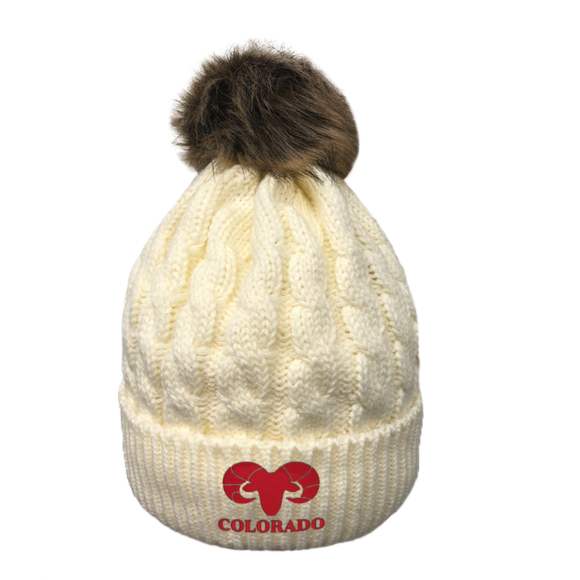 Limited Edition - Red Colorado Bighorn - Cable Knit Pom Pom Beanie