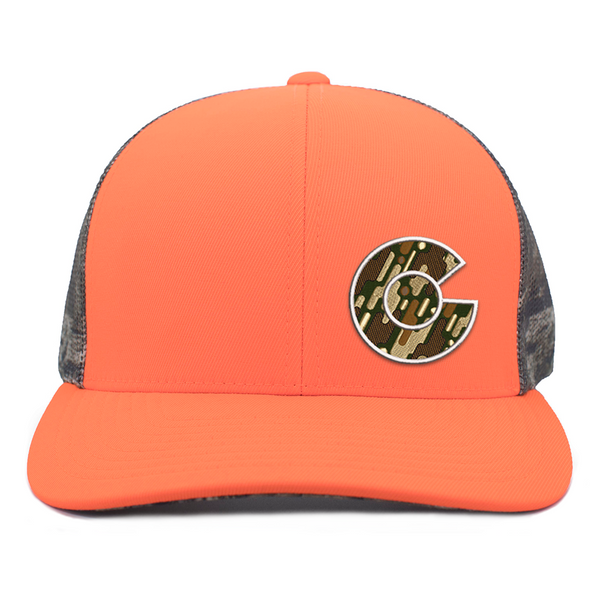Limited Edition - Colorado Camo C - Snap Back Trucker Hat - Blaze Orange & Break-up