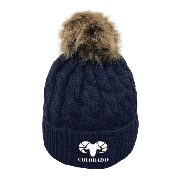 Limited Edition - Rocky Mountain Bighorn Sheep - Cable Knit Pom Pom Beanie - Dark Navy