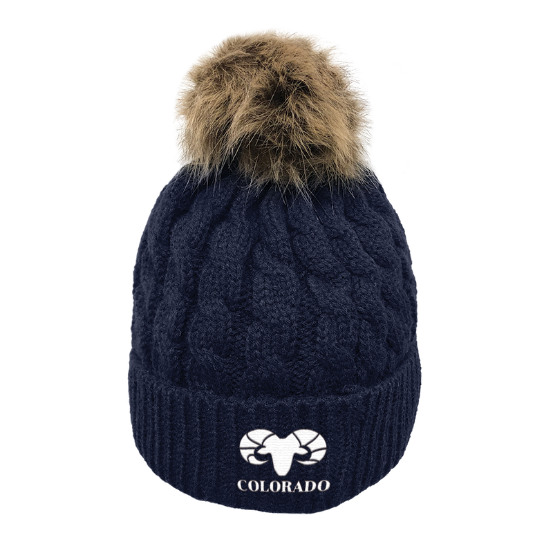 Limited Edition - Rocky Mountain Bighorn Sheep - Cable Knit Pom Pom Beanie - Dark Navy