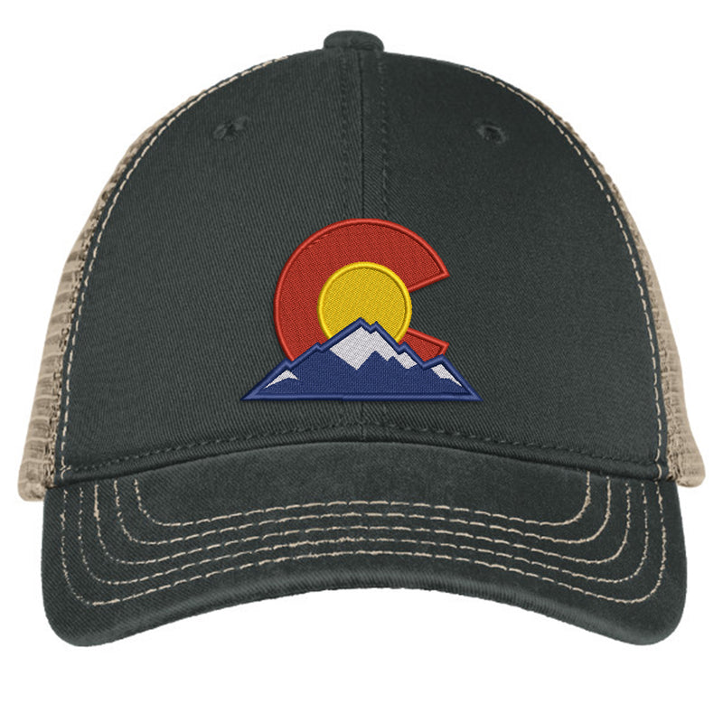 Colorado Mountain Super Soft Mesh Snap Back Trucker Hat - Black & Khaki