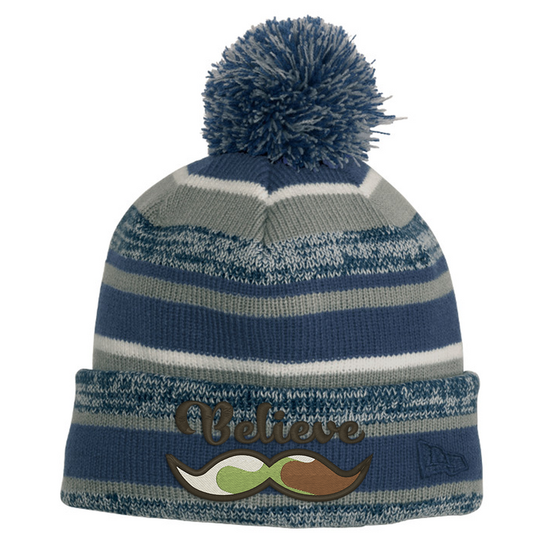 Believe Mustache - Chunky Pom Pom Beanie - Navy and Graphite